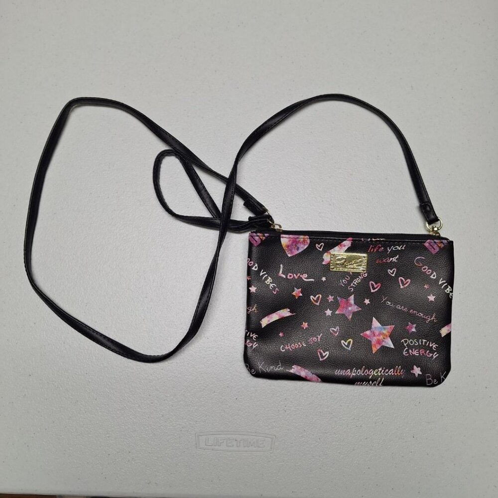 Betsey Johnson‎ Luv Peace Crossbody Wristlet Black Pink Quotes Dream Good Vibes